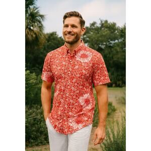 J. Crew Organic Cotton Shirt Size XL Abstract Floral Red Poplin Classic Fit